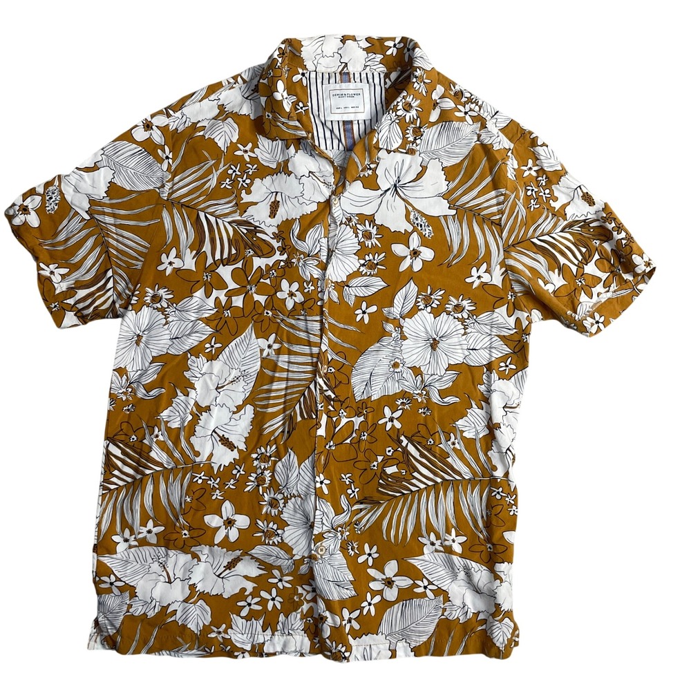Denim & Flower Ricky Singh Shirt Mens Large L Mustard Floral Tropical Viscose SS